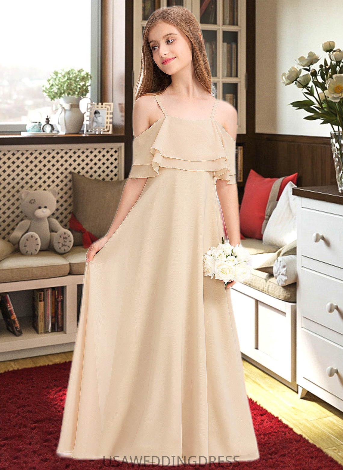 Judy A-Line Off-the-Shoulder Floor-Length Chiffon Junior Bridesmaid Dress With Cascading Ruffles DSP0013419