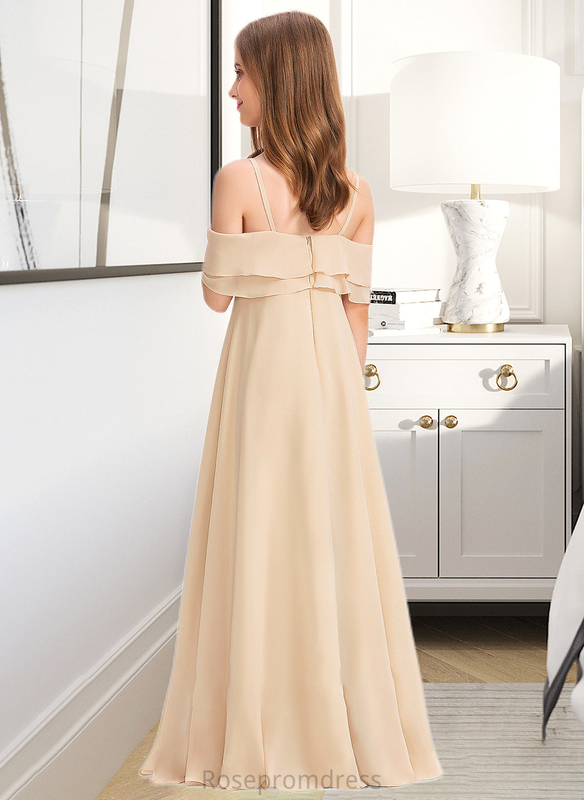 Kelly A-Line Off-the-Shoulder Floor-Length Chiffon Junior Bridesmaid Dress With Cascading Ruffles SRSP0013419