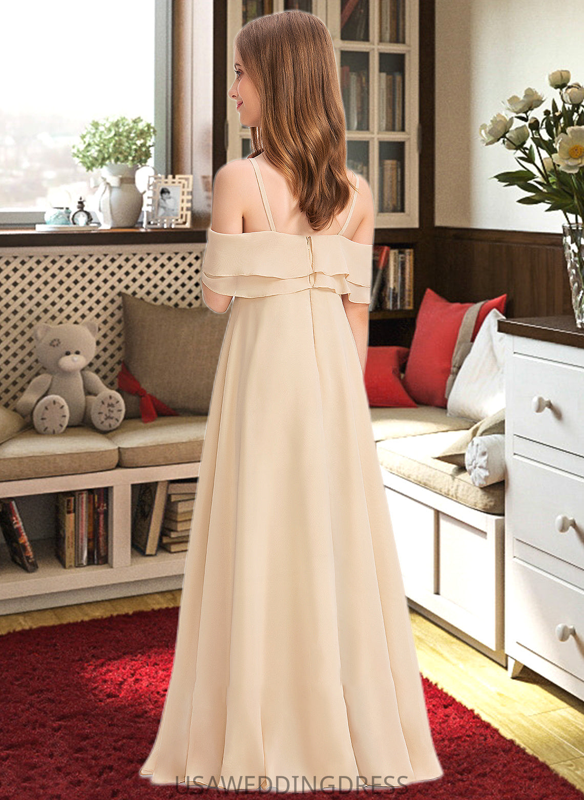 Judy A-Line Off-the-Shoulder Floor-Length Chiffon Junior Bridesmaid Dress With Cascading Ruffles DSP0013419