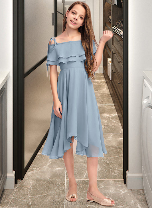 Karly A-Line Off-the-Shoulder Asymmetrical Chiffon Junior Bridesmaid Dress With Cascading Ruffles SRSP0013420