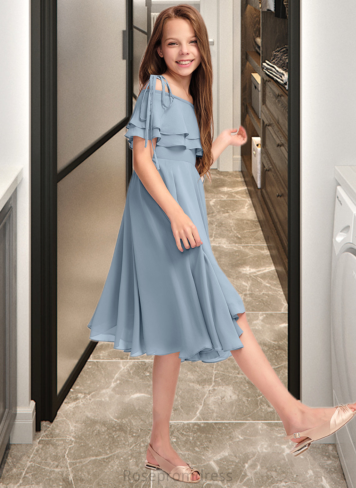 Karly A-Line Off-the-Shoulder Asymmetrical Chiffon Junior Bridesmaid Dress With Cascading Ruffles SRSP0013420