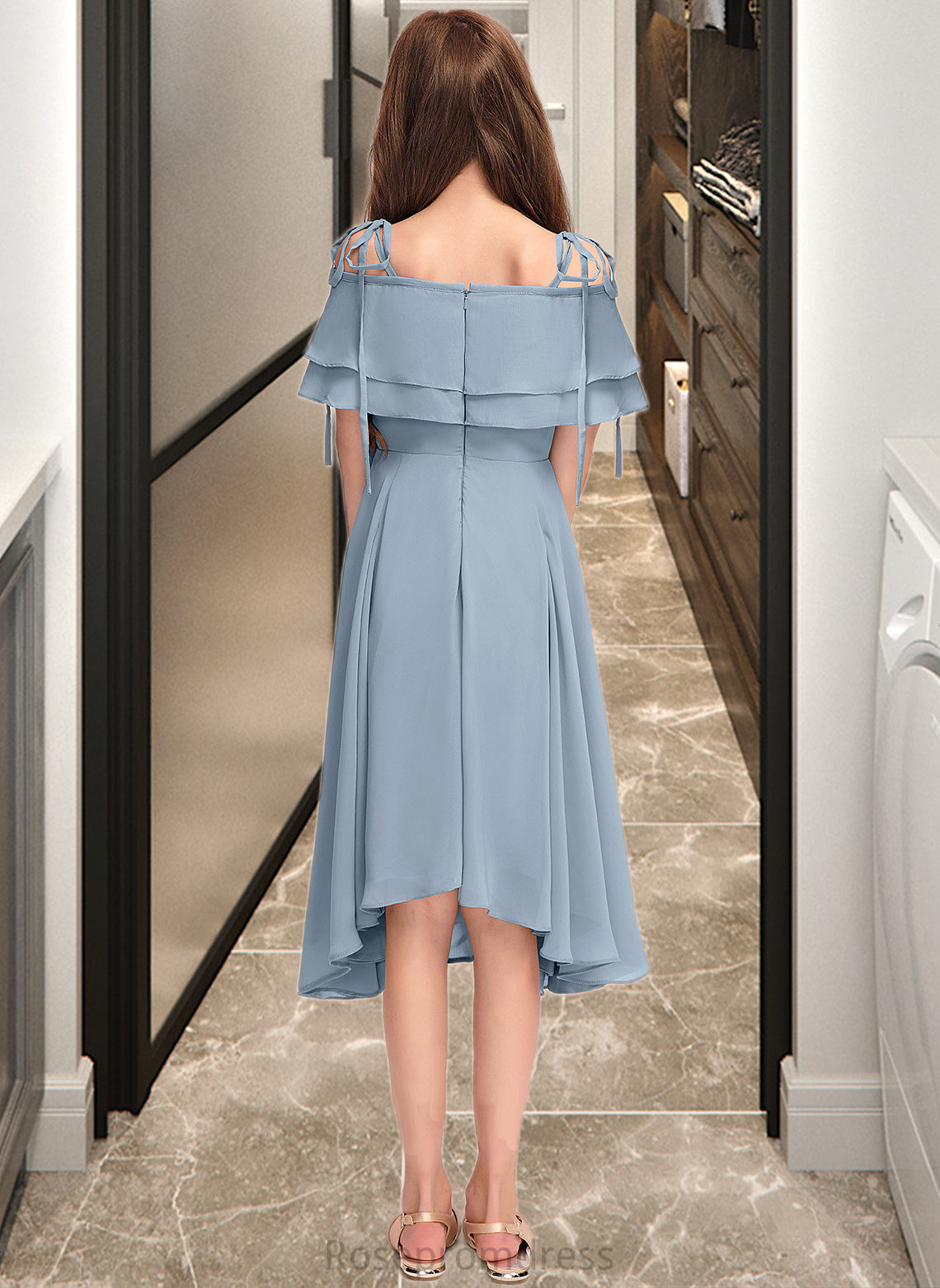 Karly A-Line Off-the-Shoulder Asymmetrical Chiffon Junior Bridesmaid Dress With Cascading Ruffles SRSP0013420