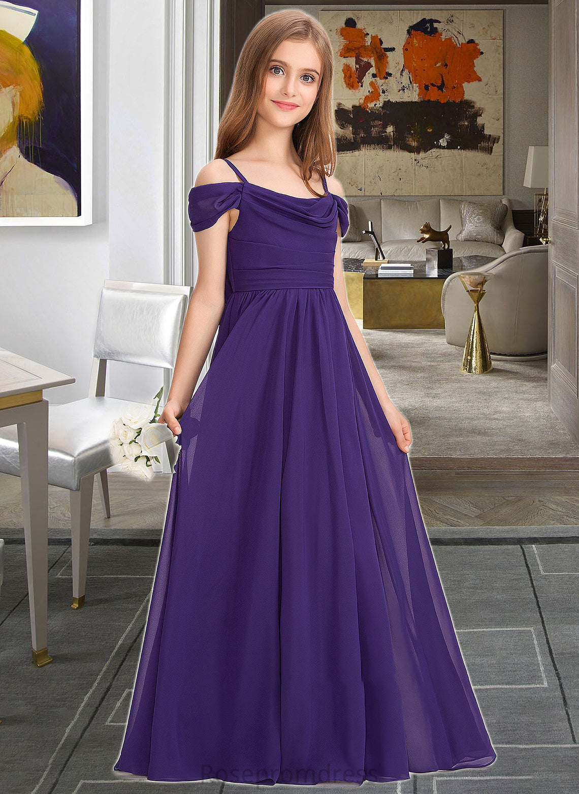 Allison A-Line Off-the-Shoulder Floor-Length Chiffon Junior Bridesmaid Dress With Ruffle SRSP0013421