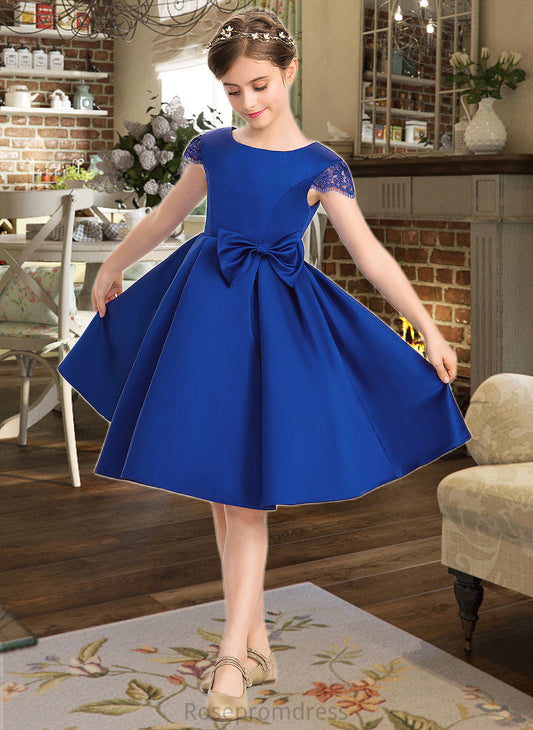 Khloe A-Line Scoop Neck Knee-Length Satin Junior Bridesmaid Dress With Lace Bow(s) SRSP0013422