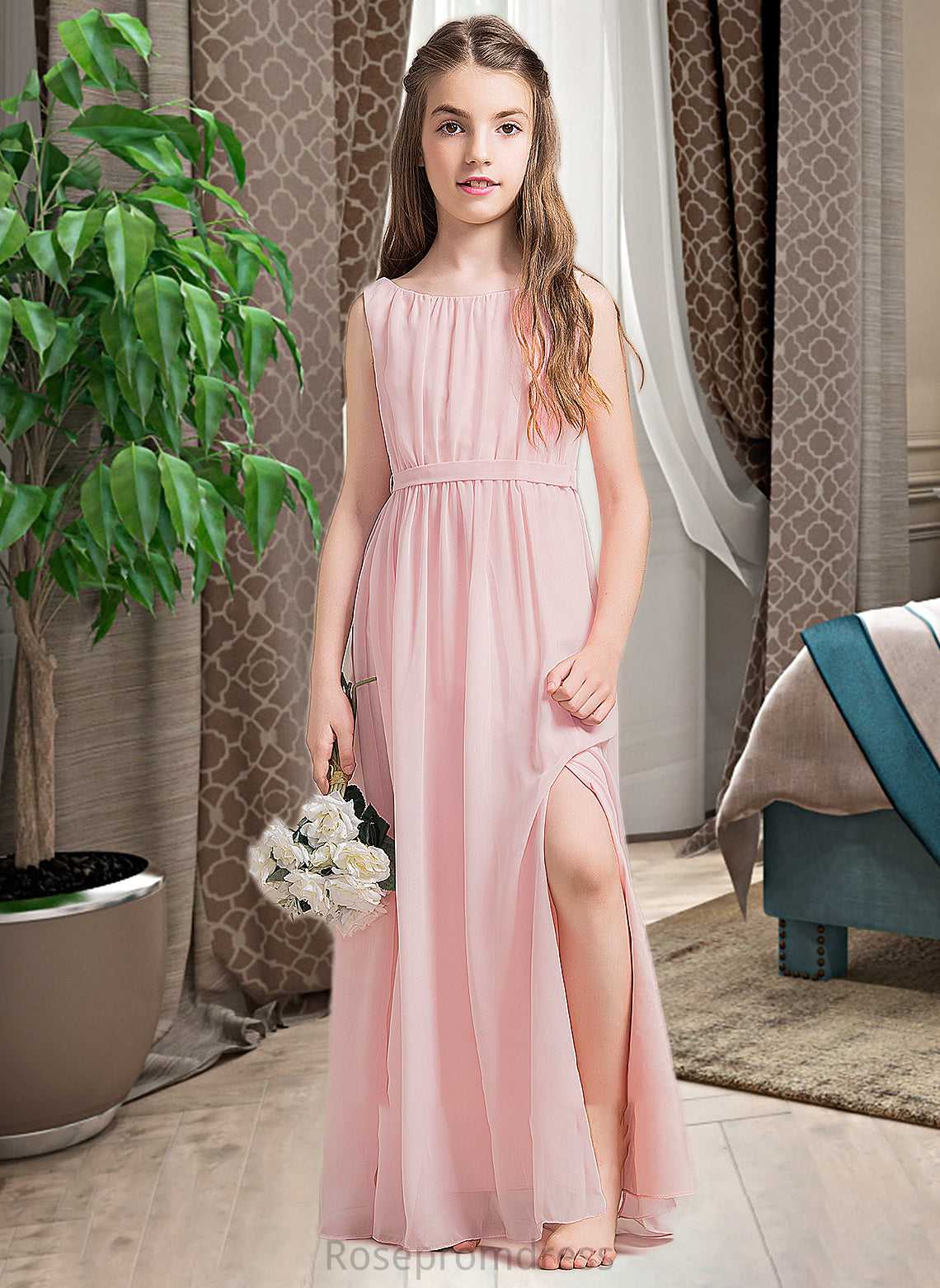 Stephany A-Line Scoop Neck Floor-Length Chiffon Junior Bridesmaid Dress With Ruffle Split Front SRSP0013425