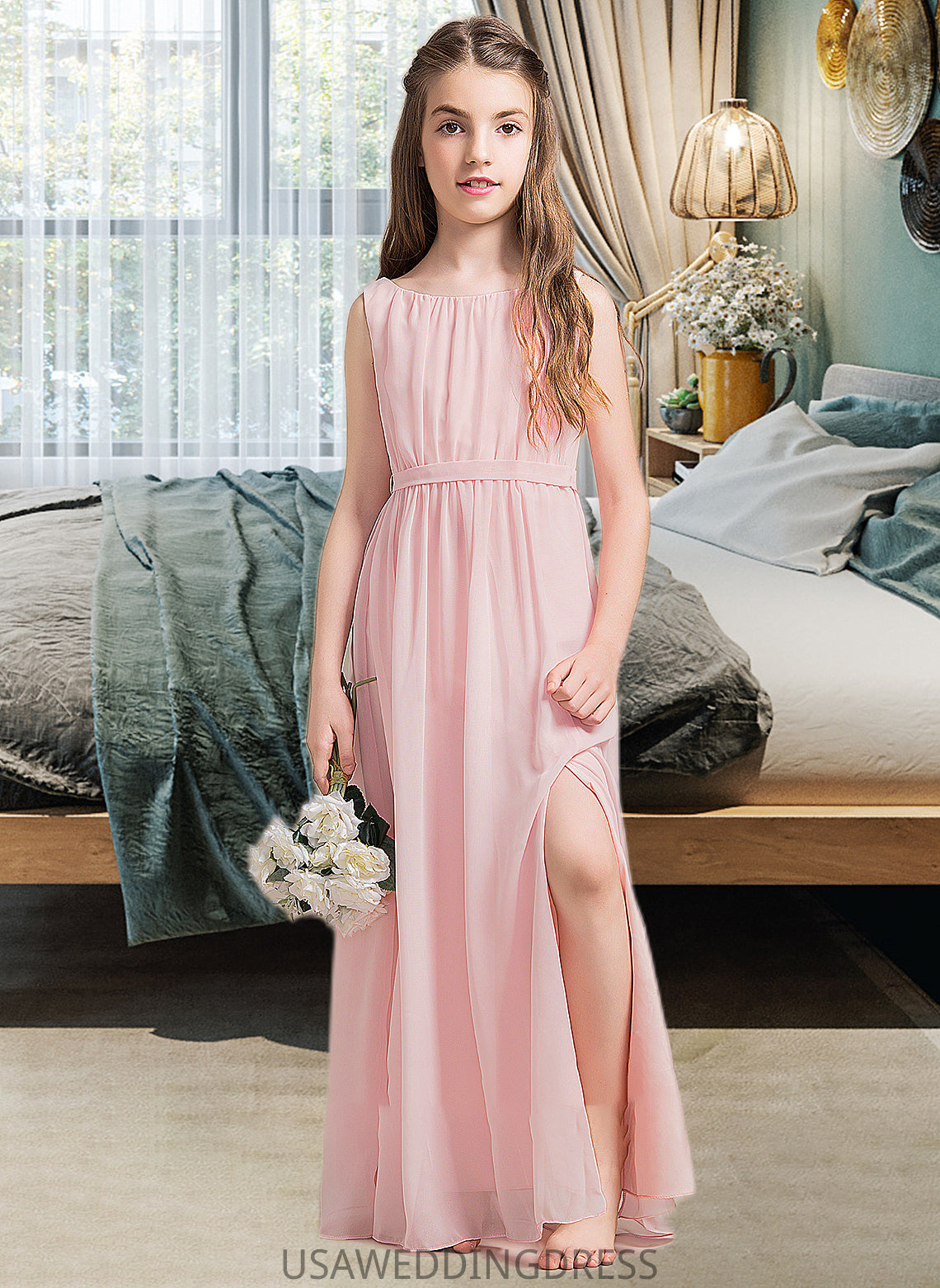 Jaylah A-Line Scoop Neck Floor-Length Chiffon Junior Bridesmaid Dress With Ruffle Split Front DSP0013425