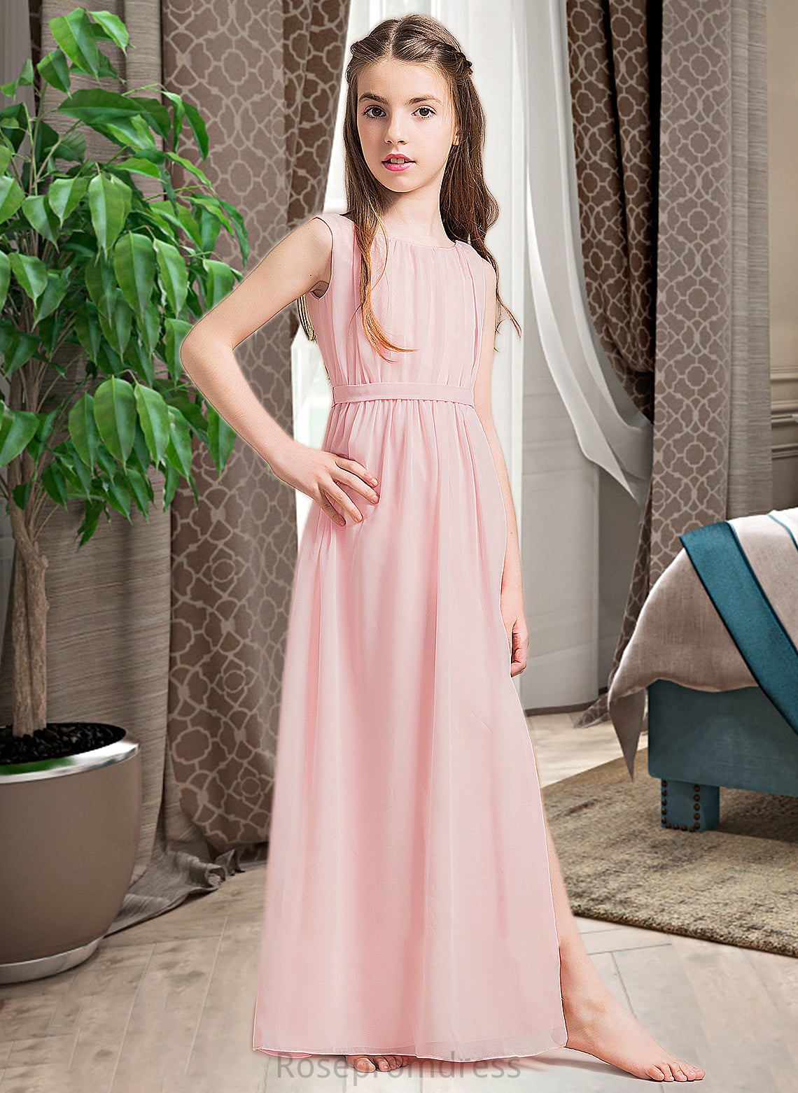 Stephany A-Line Scoop Neck Floor-Length Chiffon Junior Bridesmaid Dress With Ruffle Split Front SRSP0013425