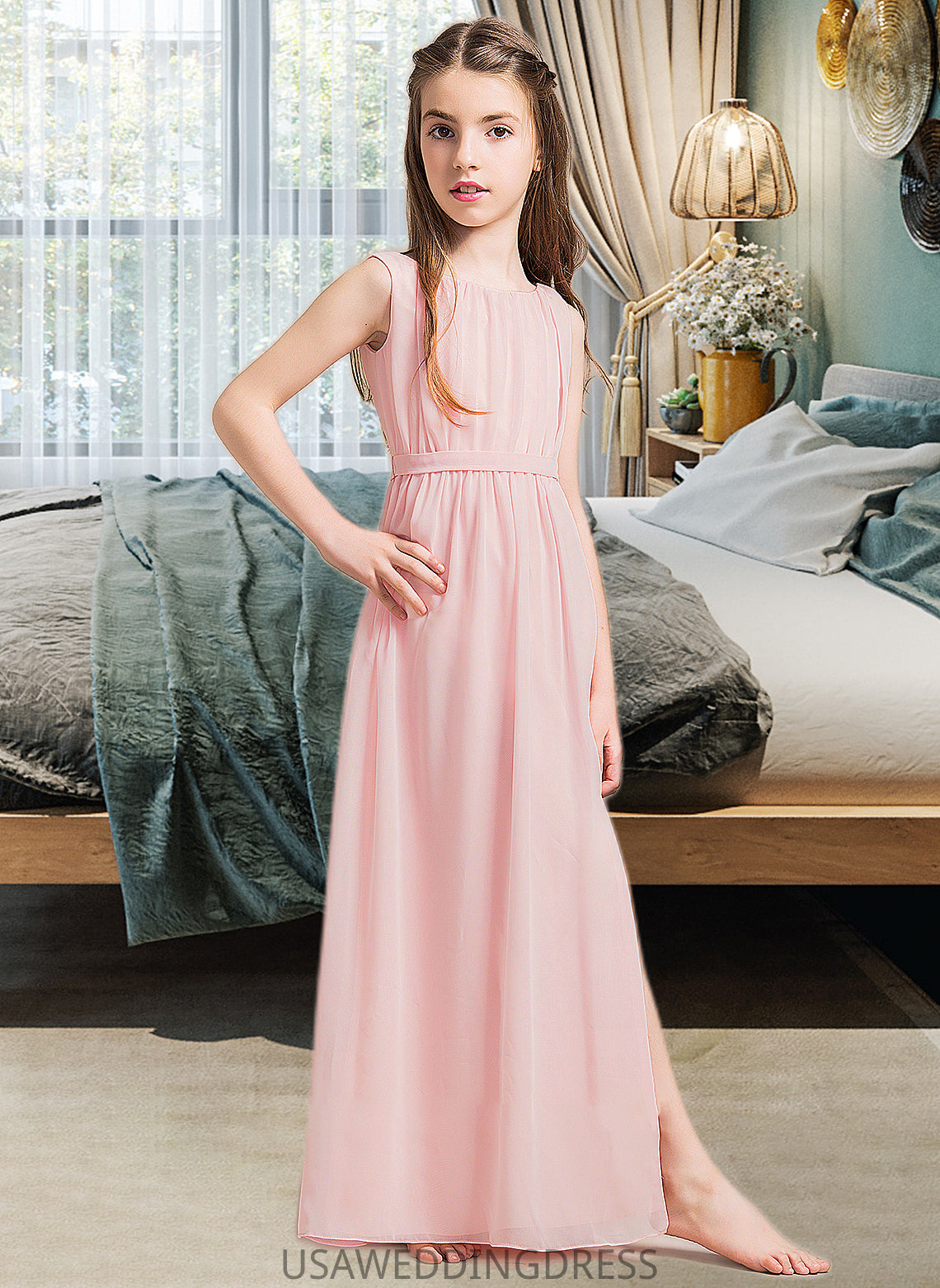 Jaylah A-Line Scoop Neck Floor-Length Chiffon Junior Bridesmaid Dress With Ruffle Split Front DSP0013425