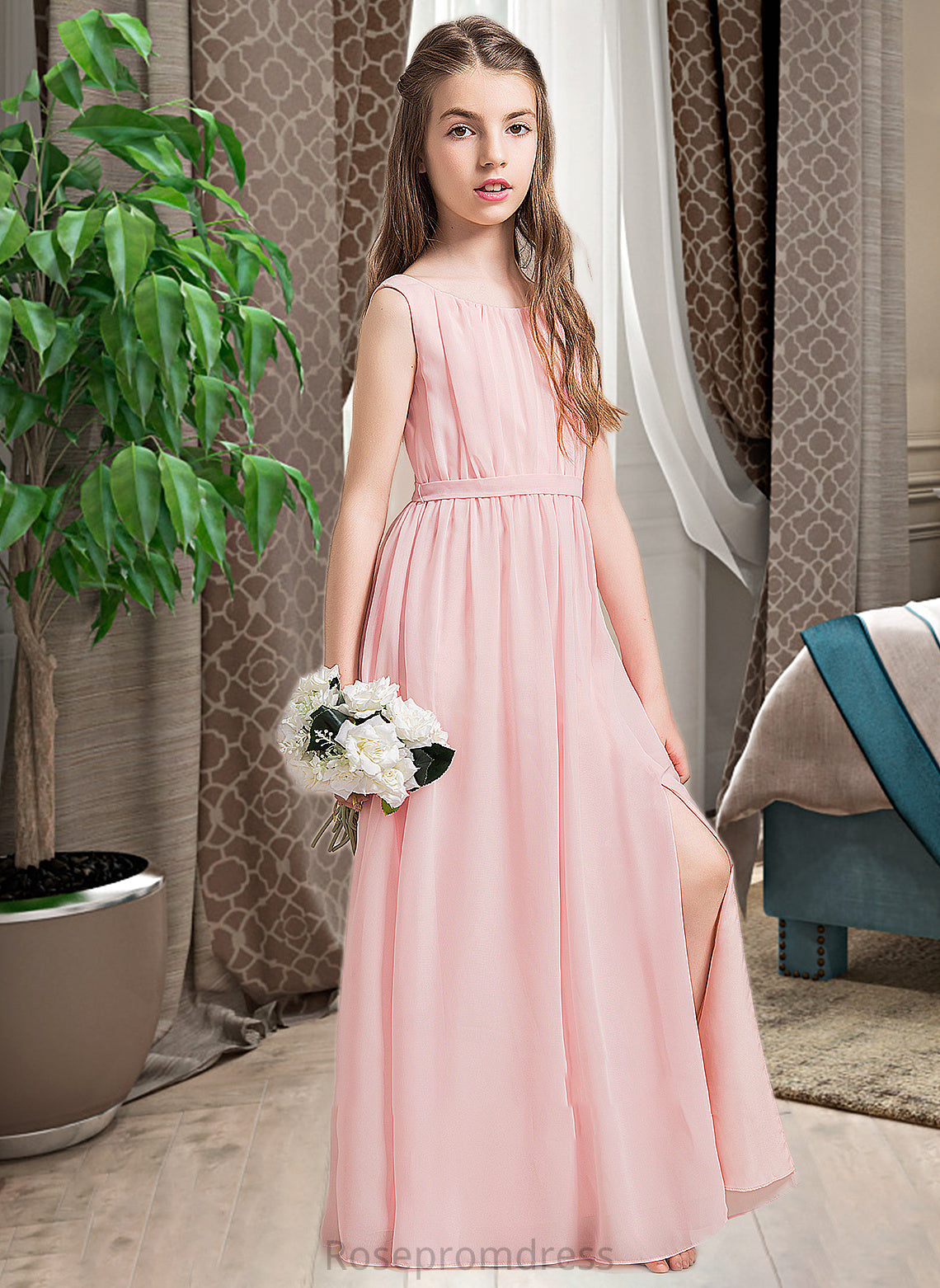 Stephany A-Line Scoop Neck Floor-Length Chiffon Junior Bridesmaid Dress With Ruffle Split Front SRSP0013425
