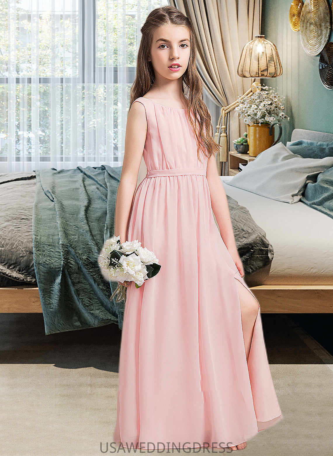 Jaylah A-Line Scoop Neck Floor-Length Chiffon Junior Bridesmaid Dress With Ruffle Split Front DSP0013425