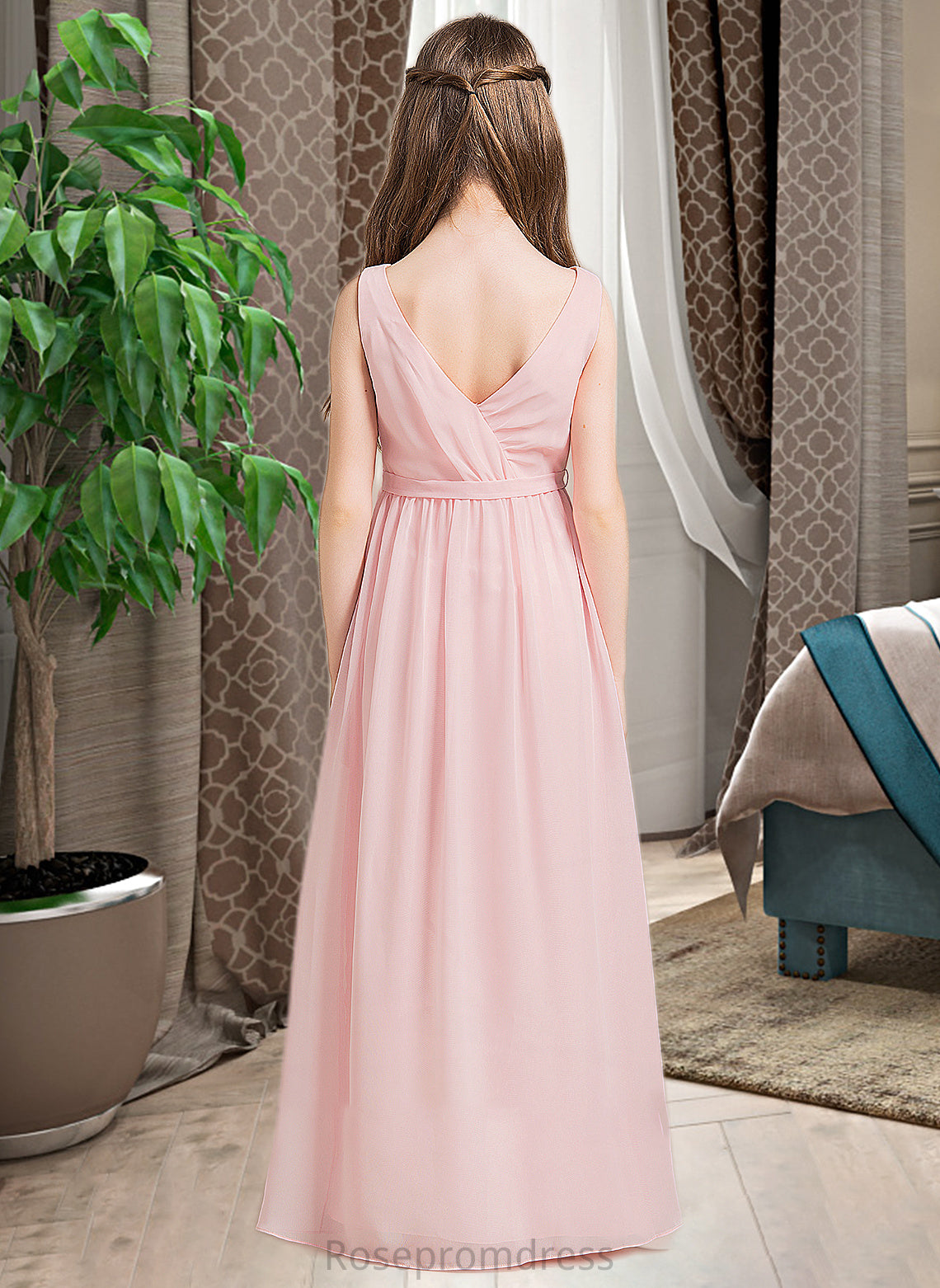 Stephany A-Line Scoop Neck Floor-Length Chiffon Junior Bridesmaid Dress With Ruffle Split Front SRSP0013425