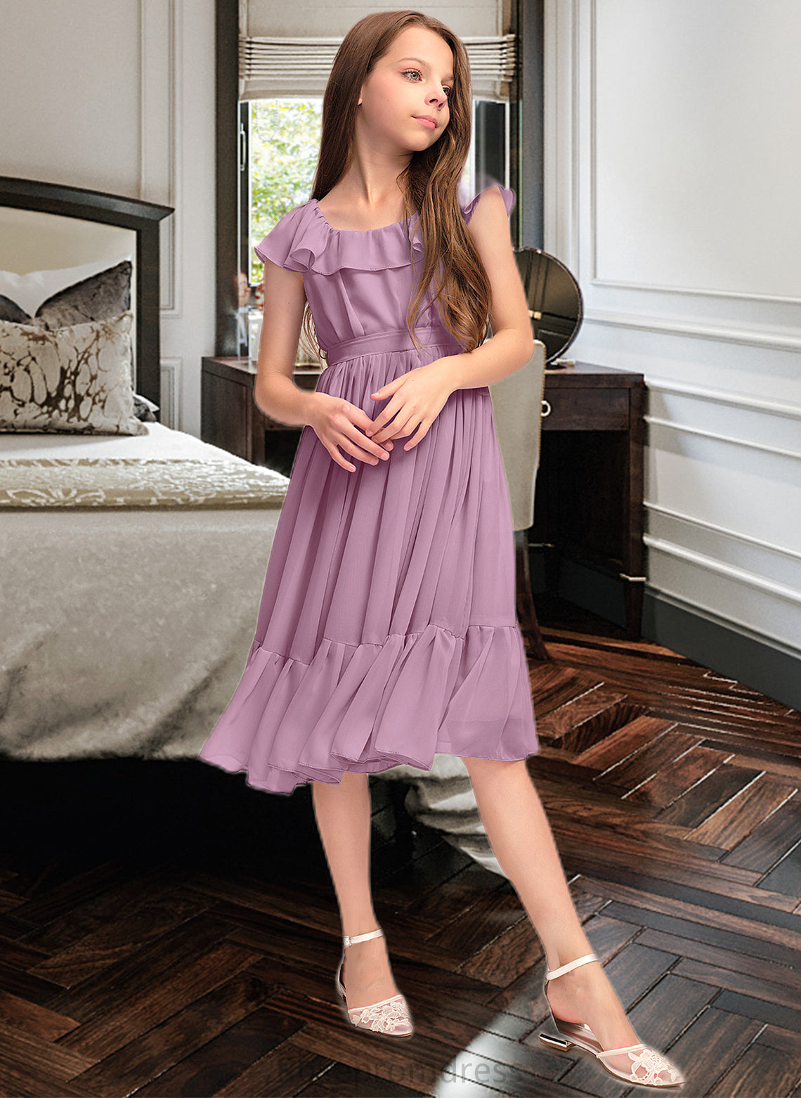 Kaitlyn A-Line Scoop Neck Knee-Length Chiffon Junior Bridesmaid Dress With Bow(s) Cascading Ruffles SRSP0013426