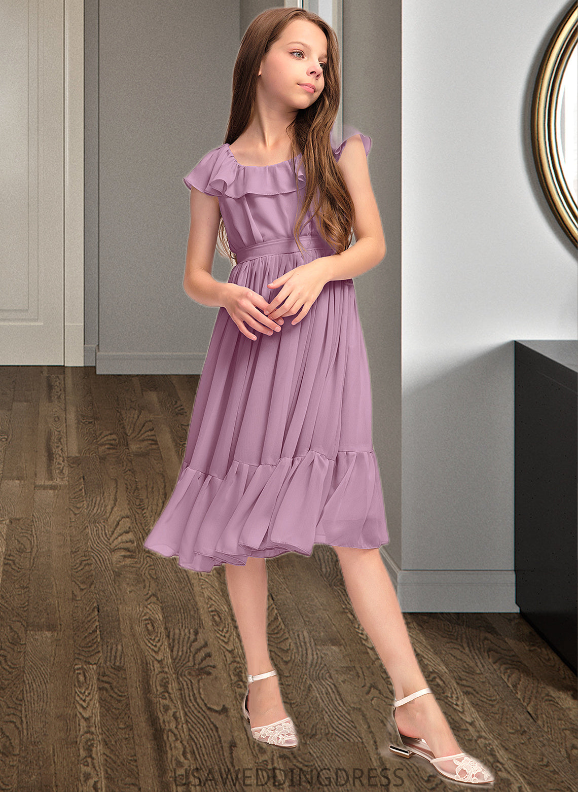 Pamela A-Line Scoop Neck Knee-Length Chiffon Junior Bridesmaid Dress With Bow(s) Cascading Ruffles DSP0013426