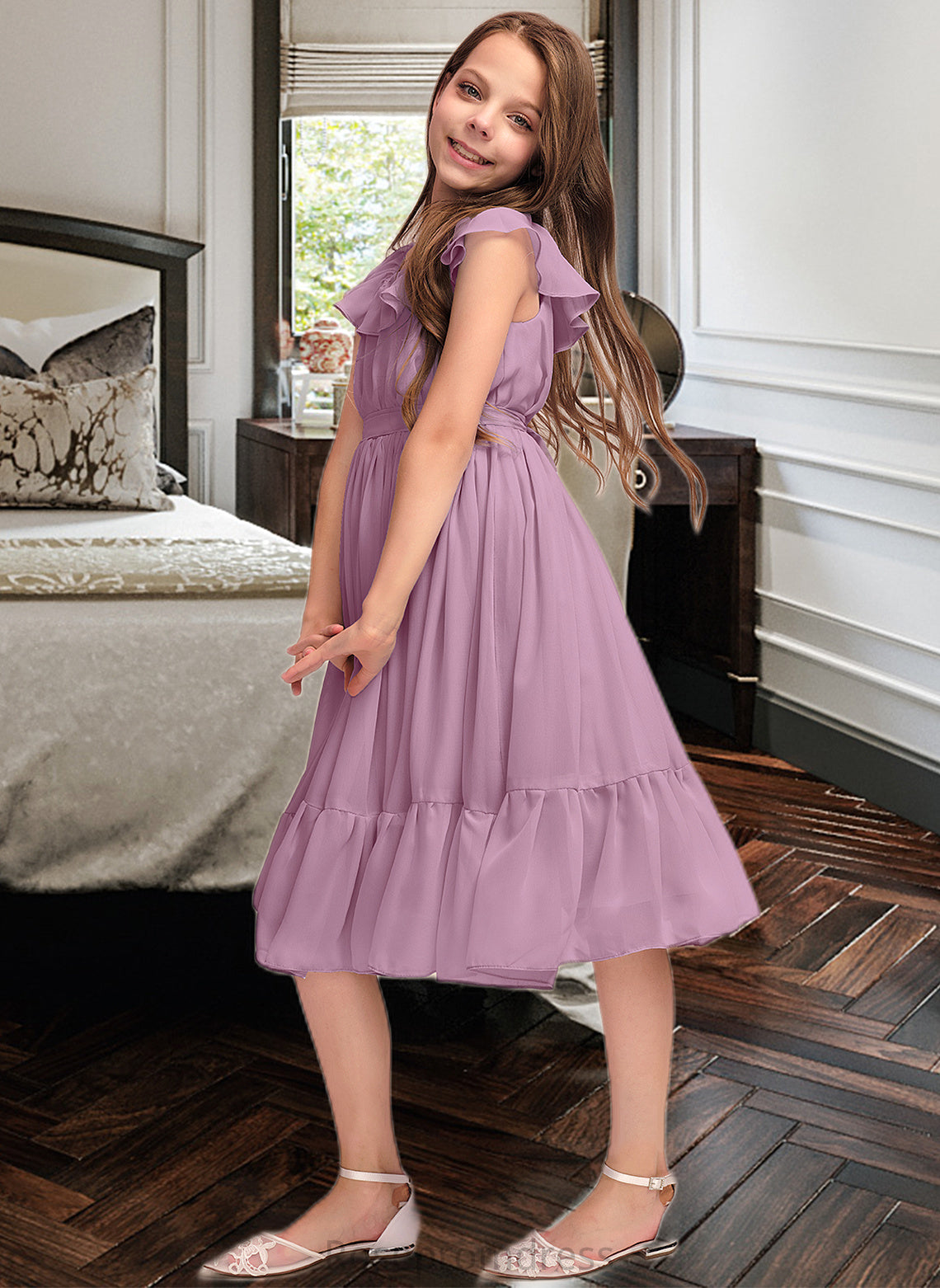 Kaitlyn A-Line Scoop Neck Knee-Length Chiffon Junior Bridesmaid Dress With Bow(s) Cascading Ruffles SRSP0013426