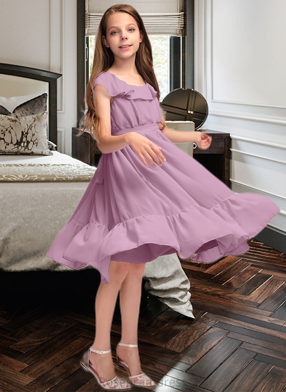 Kaitlyn A-Line Scoop Neck Knee-Length Chiffon Junior Bridesmaid Dress With Bow(s) Cascading Ruffles SRSP0013426