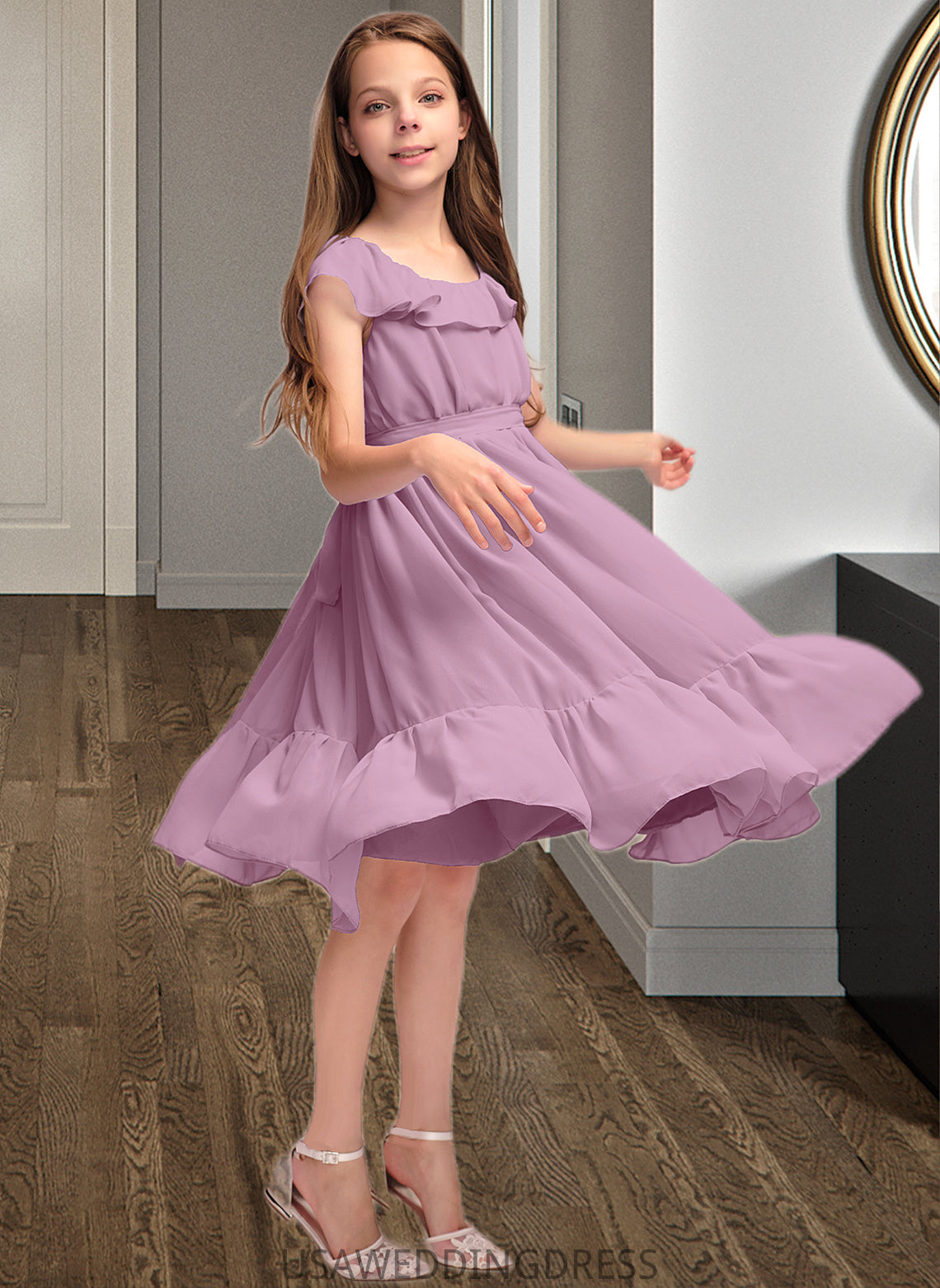 Pamela A-Line Scoop Neck Knee-Length Chiffon Junior Bridesmaid Dress With Bow(s) Cascading Ruffles DSP0013426