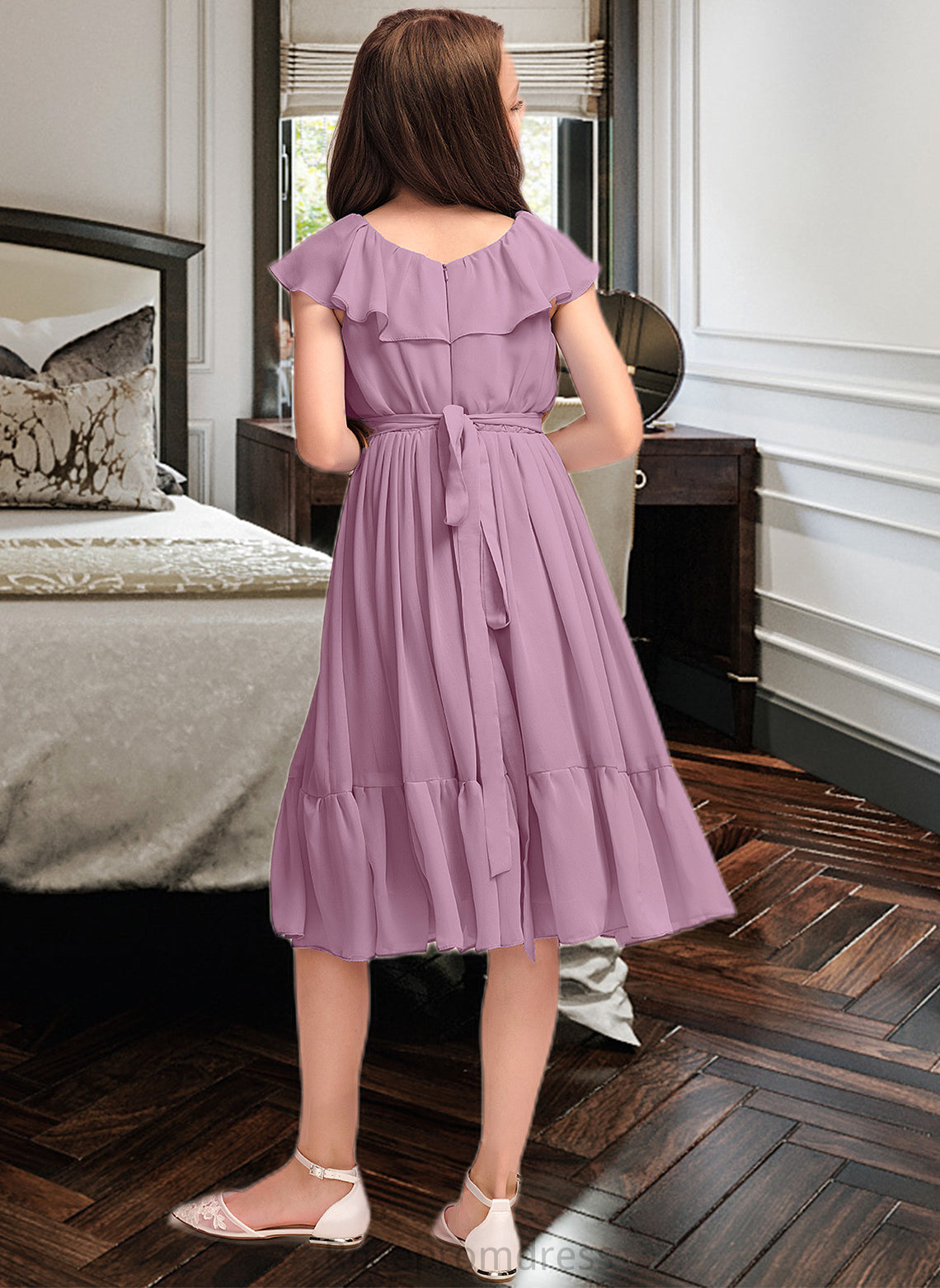 Kaitlyn A-Line Scoop Neck Knee-Length Chiffon Junior Bridesmaid Dress With Bow(s) Cascading Ruffles SRSP0013426
