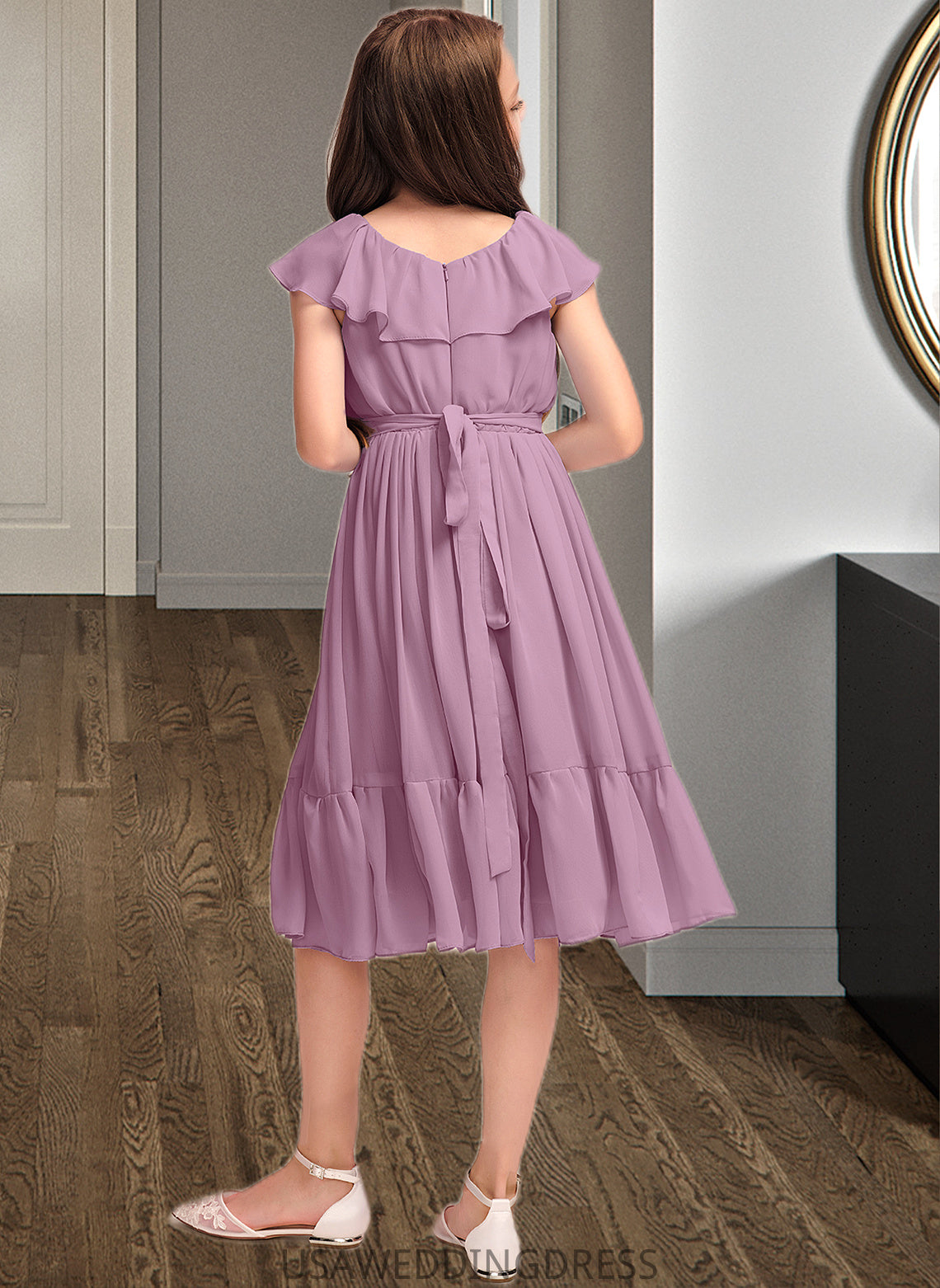 Pamela A-Line Scoop Neck Knee-Length Chiffon Junior Bridesmaid Dress With Bow(s) Cascading Ruffles DSP0013426