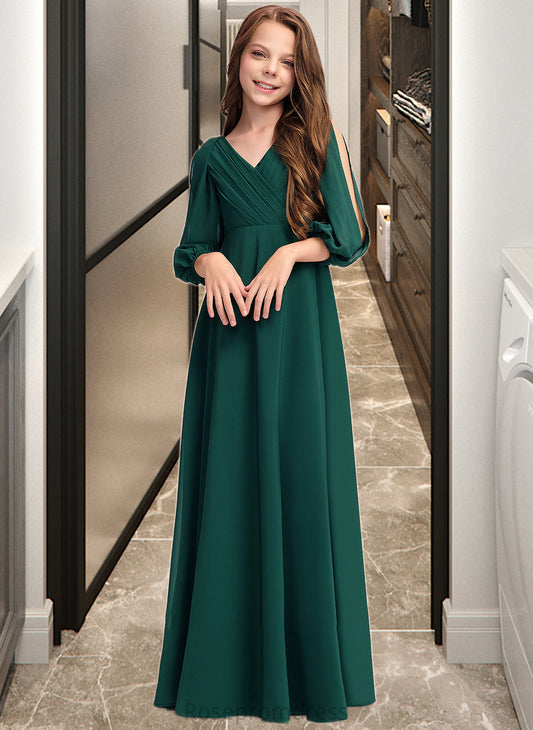 Alexis A-Line V-neck Floor-Length Chiffon Junior Bridesmaid Dress With Ruffles SRSP0013427