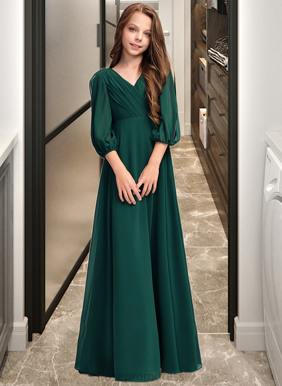 Alexis A-Line V-neck Floor-Length Chiffon Junior Bridesmaid Dress With Ruffles SRSP0013427