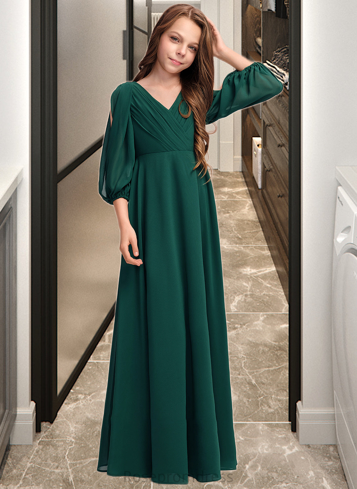 Alexis A-Line V-neck Floor-Length Chiffon Junior Bridesmaid Dress With Ruffles SRSP0013427