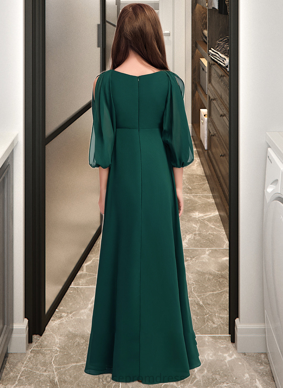 Alexis A-Line V-neck Floor-Length Chiffon Junior Bridesmaid Dress With Ruffles SRSP0013427
