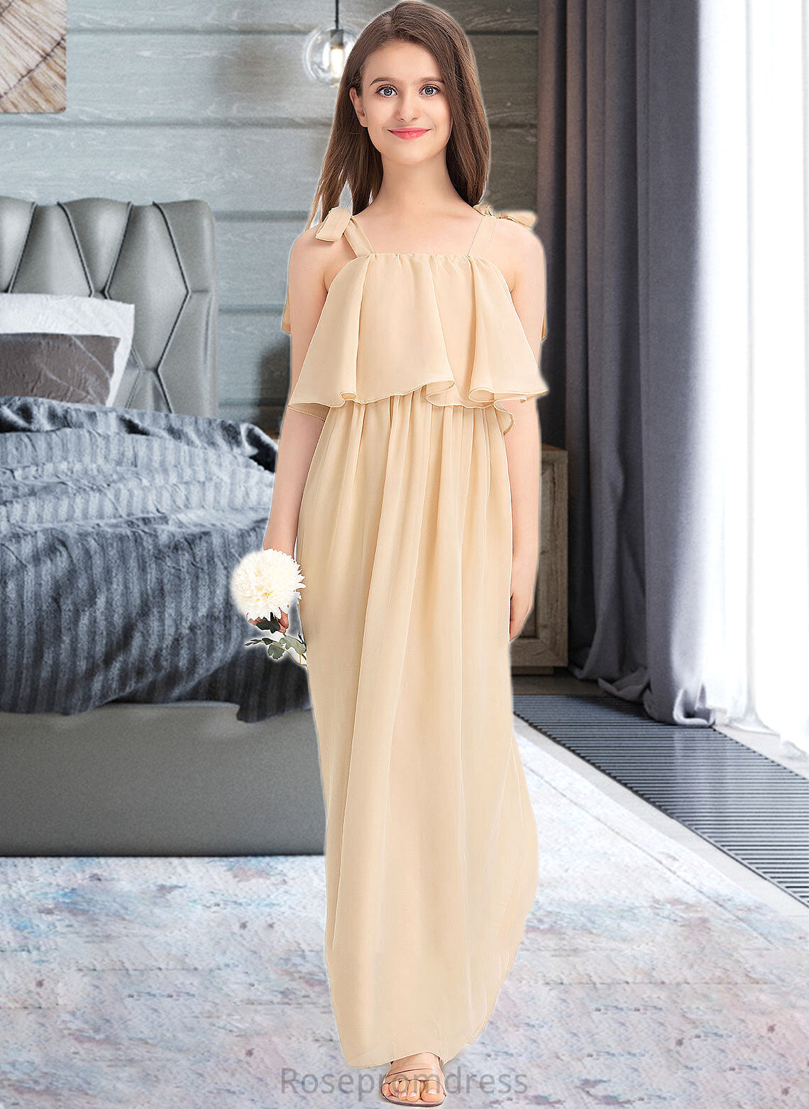 Arielle A-Line Square Neckline Floor-Length Chiffon Junior Bridesmaid Dress With Bow(s) Cascading Ruffles SRSP0013428
