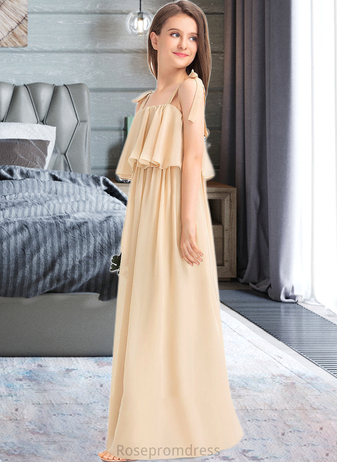 Arielle A-Line Square Neckline Floor-Length Chiffon Junior Bridesmaid Dress With Bow(s) Cascading Ruffles SRSP0013428