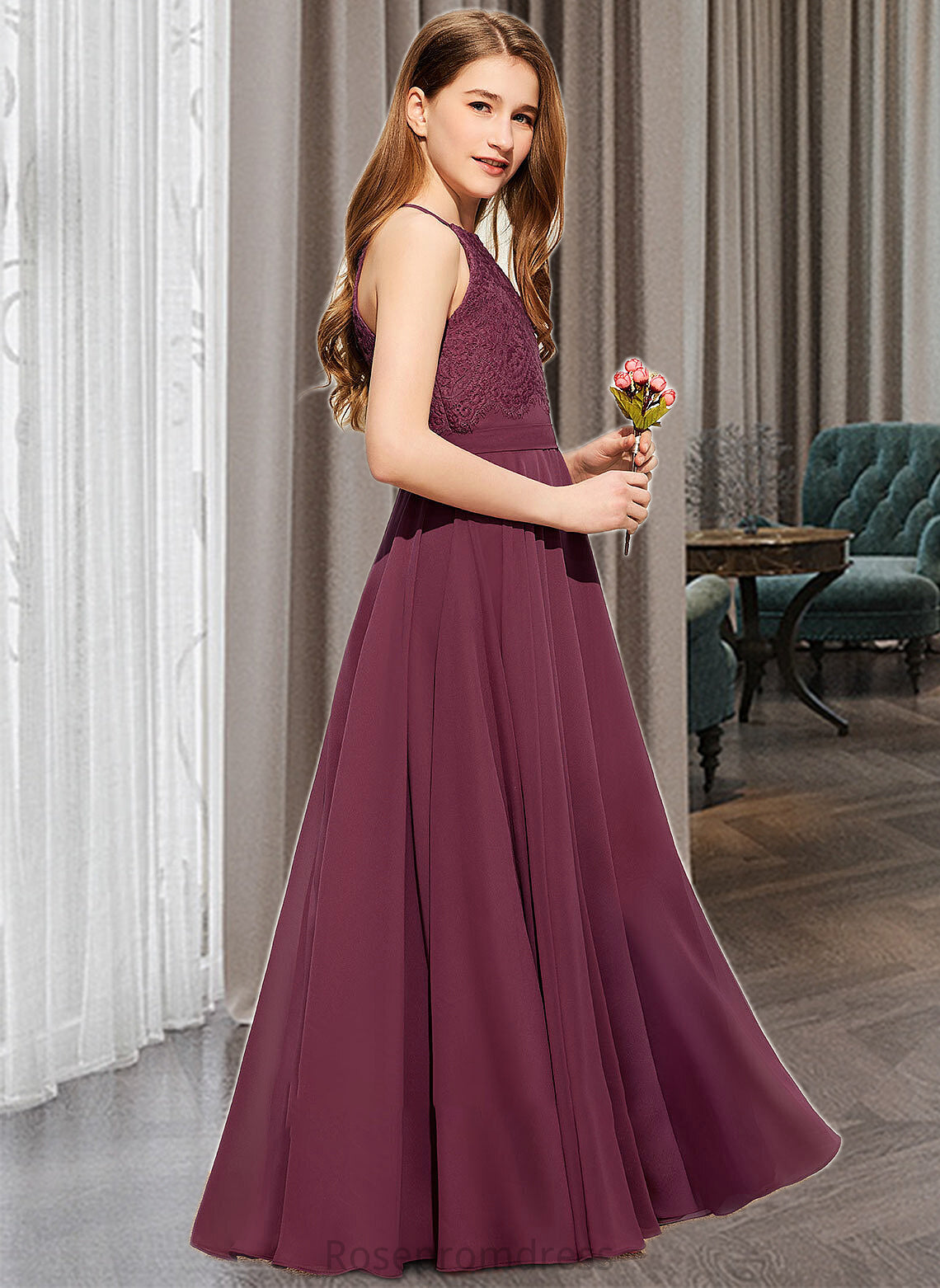 Makayla A-Line Square Neckline Floor-Length Chiffon Lace Junior Bridesmaid Dress SRSP0013434