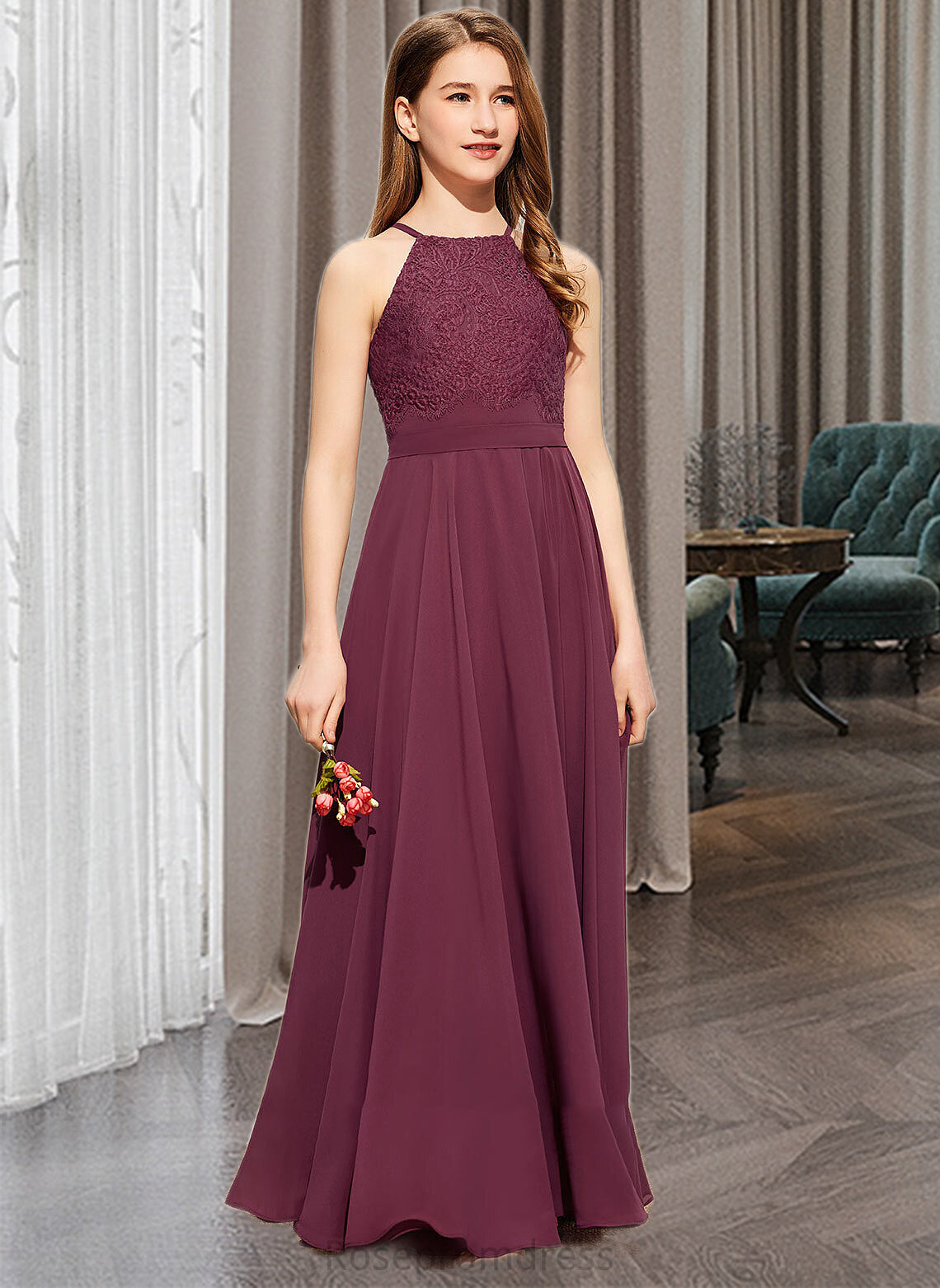Makayla A-Line Square Neckline Floor-Length Chiffon Lace Junior Bridesmaid Dress SRSP0013434