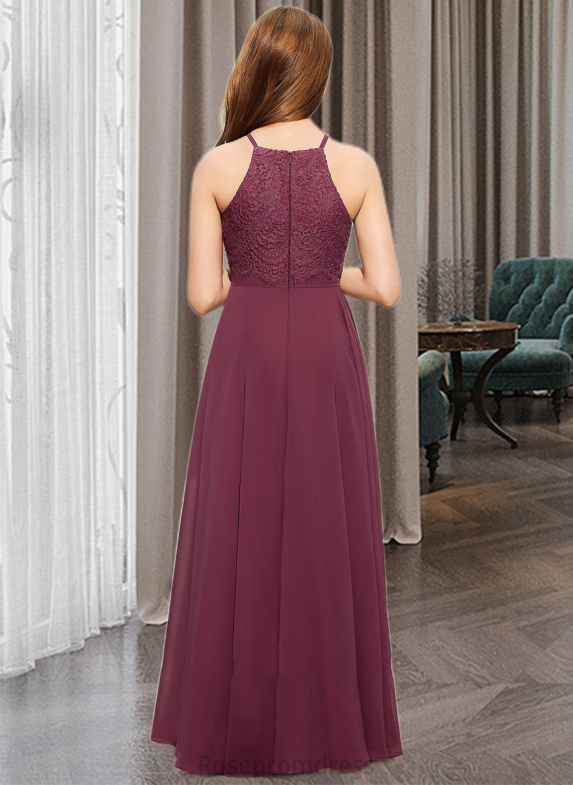 Makayla A-Line Square Neckline Floor-Length Chiffon Lace Junior Bridesmaid Dress SRSP0013434