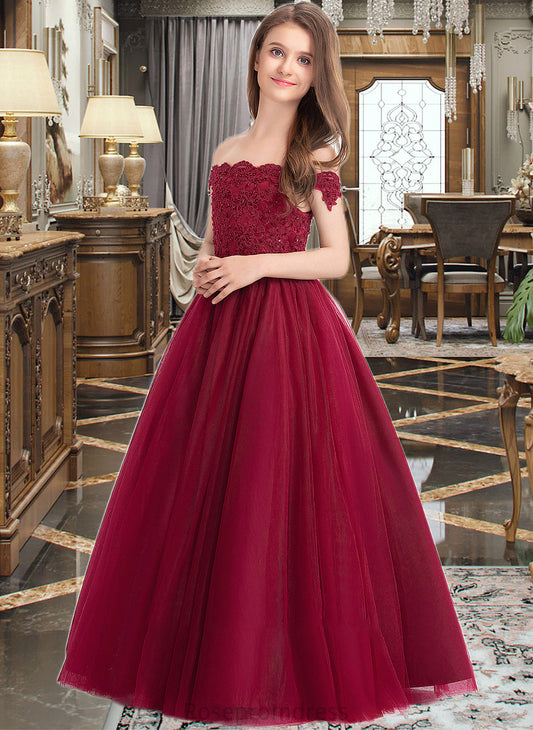 Caylee Ball-Gown/Princess Off-the-Shoulder Floor-Length Tulle Lace Junior Bridesmaid Dress With Beading Sequins SRSP0013440