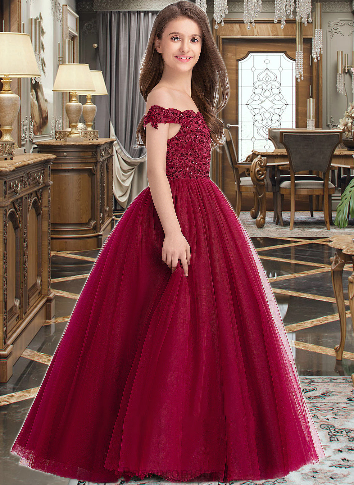 Caylee Ball-Gown/Princess Off-the-Shoulder Floor-Length Tulle Lace Junior Bridesmaid Dress With Beading Sequins SRSP0013440