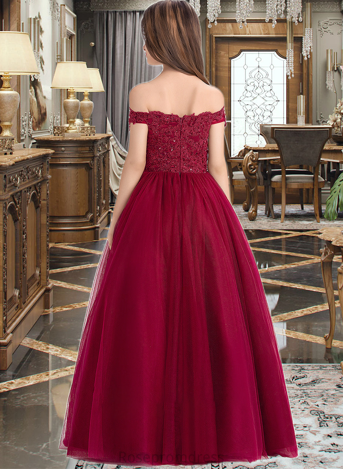 Caylee Ball-Gown/Princess Off-the-Shoulder Floor-Length Tulle Lace Junior Bridesmaid Dress With Beading Sequins SRSP0013440