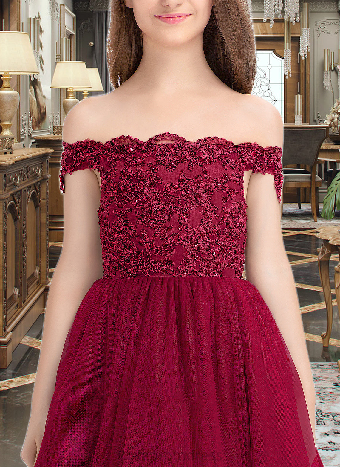 Caylee Ball-Gown/Princess Off-the-Shoulder Floor-Length Tulle Lace Junior Bridesmaid Dress With Beading Sequins SRSP0013440