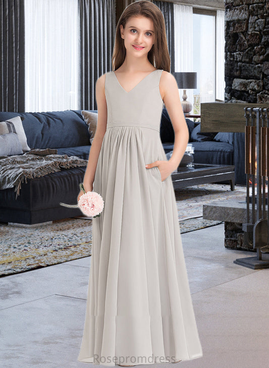 Maritza A-Line V-neck Floor-Length Chiffon Junior Bridesmaid Dress With Pockets SRSP0013446