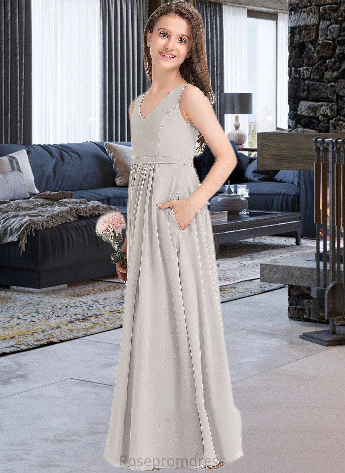 Maritza A-Line V-neck Floor-Length Chiffon Junior Bridesmaid Dress With Pockets SRSP0013446
