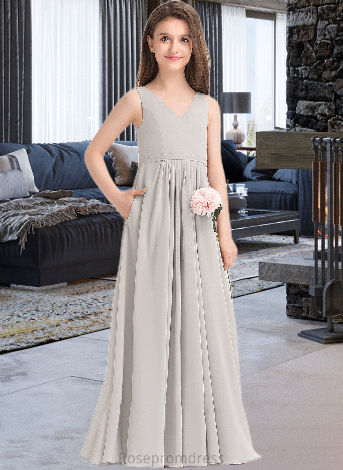 Maritza A-Line V-neck Floor-Length Chiffon Junior Bridesmaid Dress With Pockets SRSP0013446