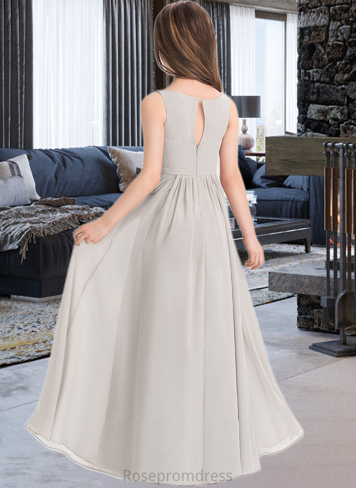 Maritza A-Line V-neck Floor-Length Chiffon Junior Bridesmaid Dress With Pockets SRSP0013446