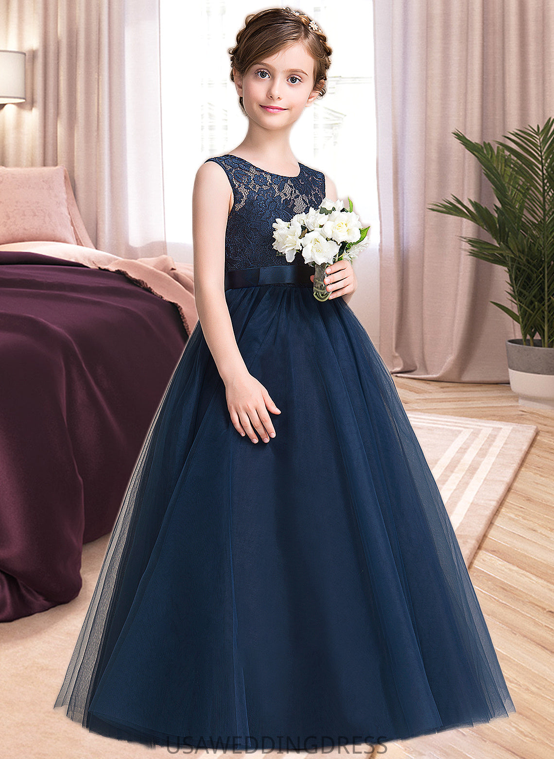 Janice Ball-Gown/PrincessScoopNeckFloor-LengthTulleJuniorBridesmaidDressWithSash#126265 DSP0013449