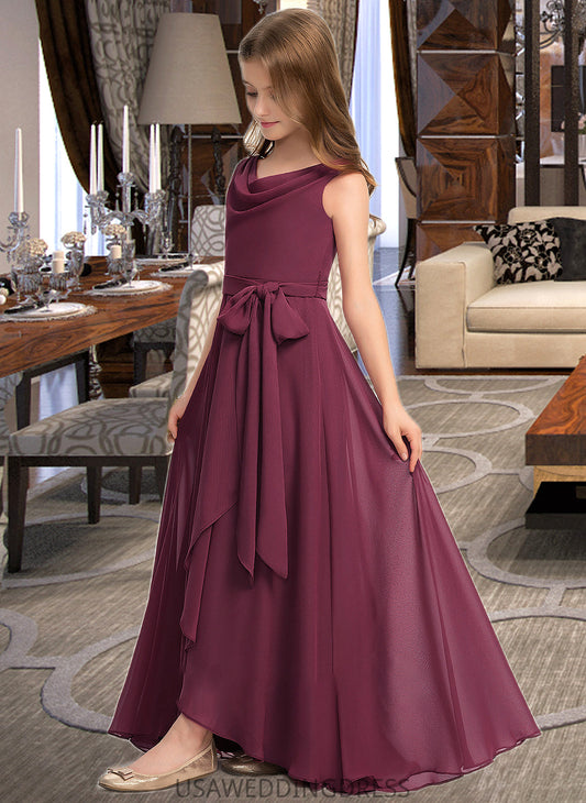 Annabel A-Line Cowl Neck Asymmetrical Chiffon Junior Bridesmaid Dress With Bow(s) DSP0013454
