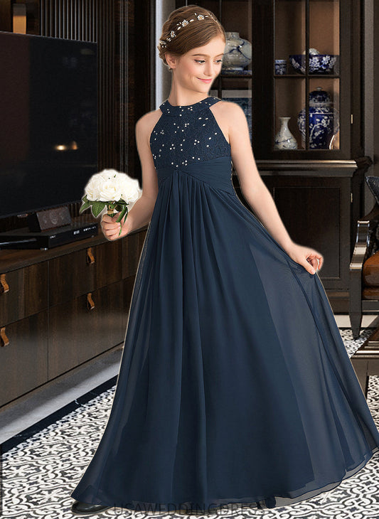 Kaila A-Line Scoop Neck Floor-Length Chiffon Lace Junior Bridesmaid Dress With Ruffle Beading DSP0013488