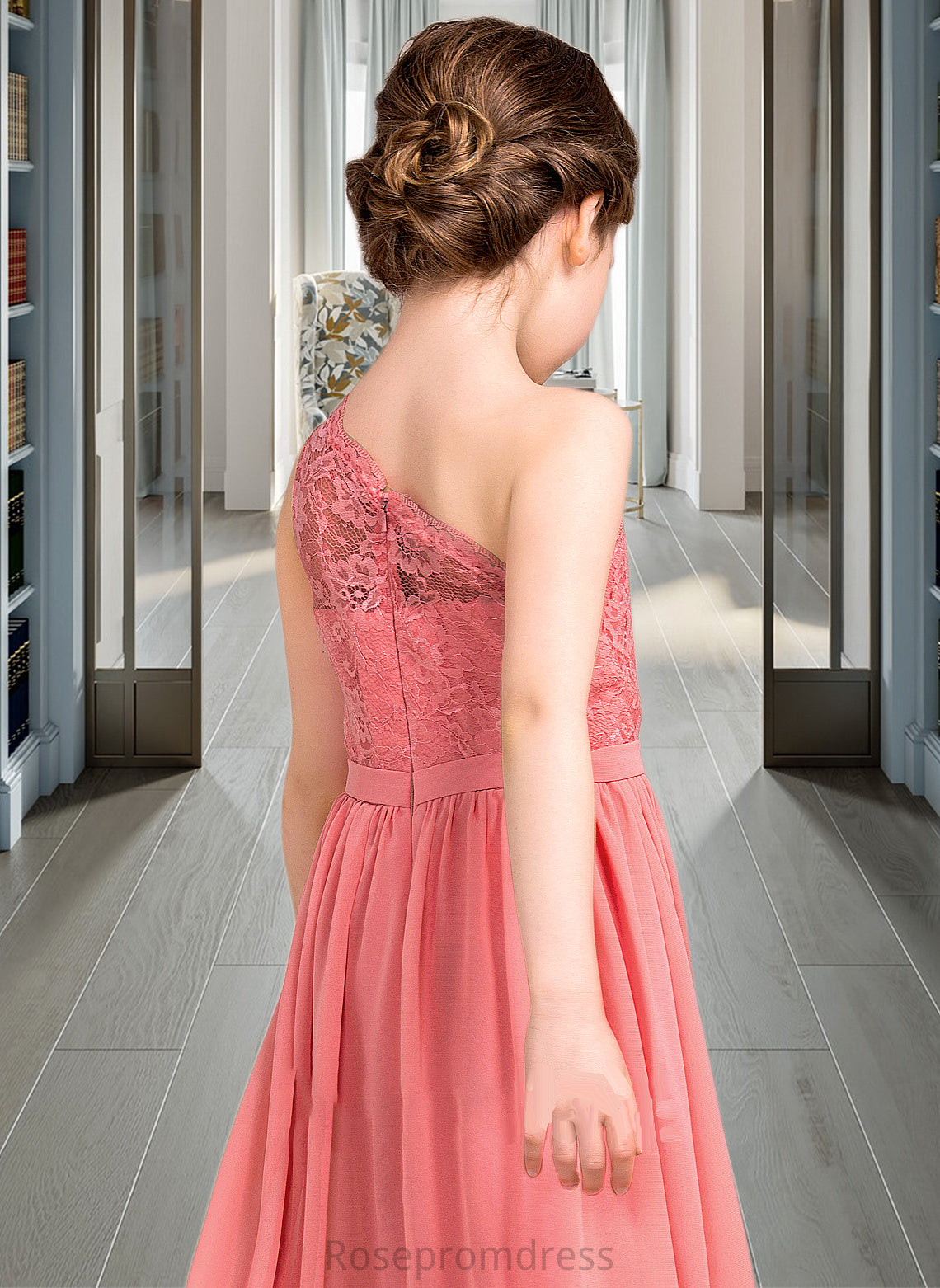 Esther A-Line One-Shoulder Floor-Length Chiffon Lace Junior Bridesmaid Dress SRSP0013500