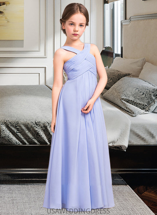 Pearl A-Line V-neck Floor-Length Chiffon Junior Bridesmaid Dress With Ruffle DSP0013501
