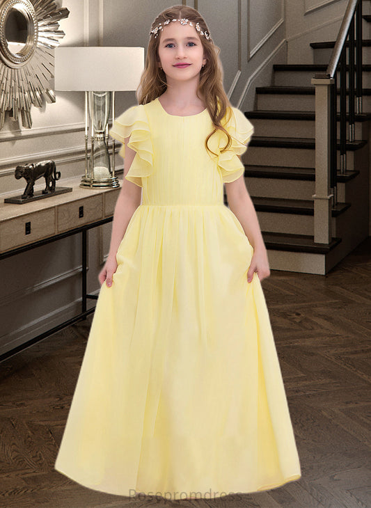 Abagail A-LineScoopNeckFloor-LengthChiffonJuniorBridesmaidDressWithRuffleCascadingRuffles#123850 SRSP0013508