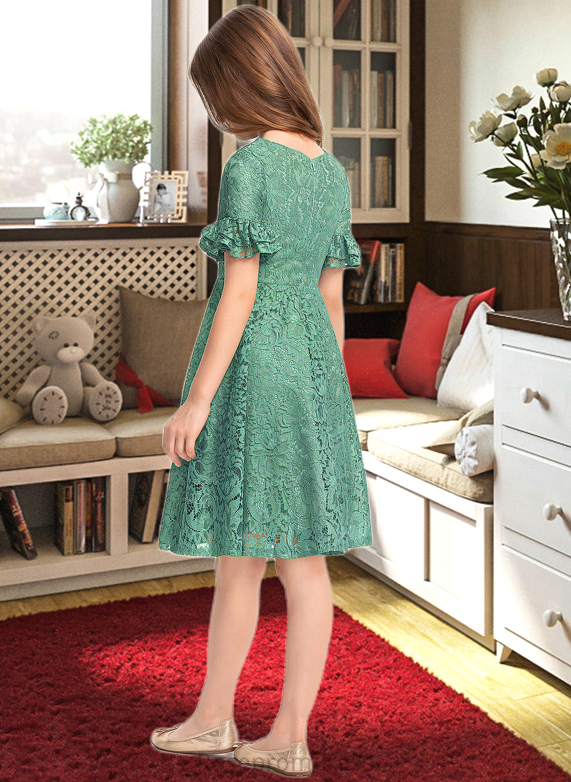Laylah A-Line Scoop Neck Knee-Length Lace Junior Bridesmaid Dress With Cascading Ruffles SRSP0013513