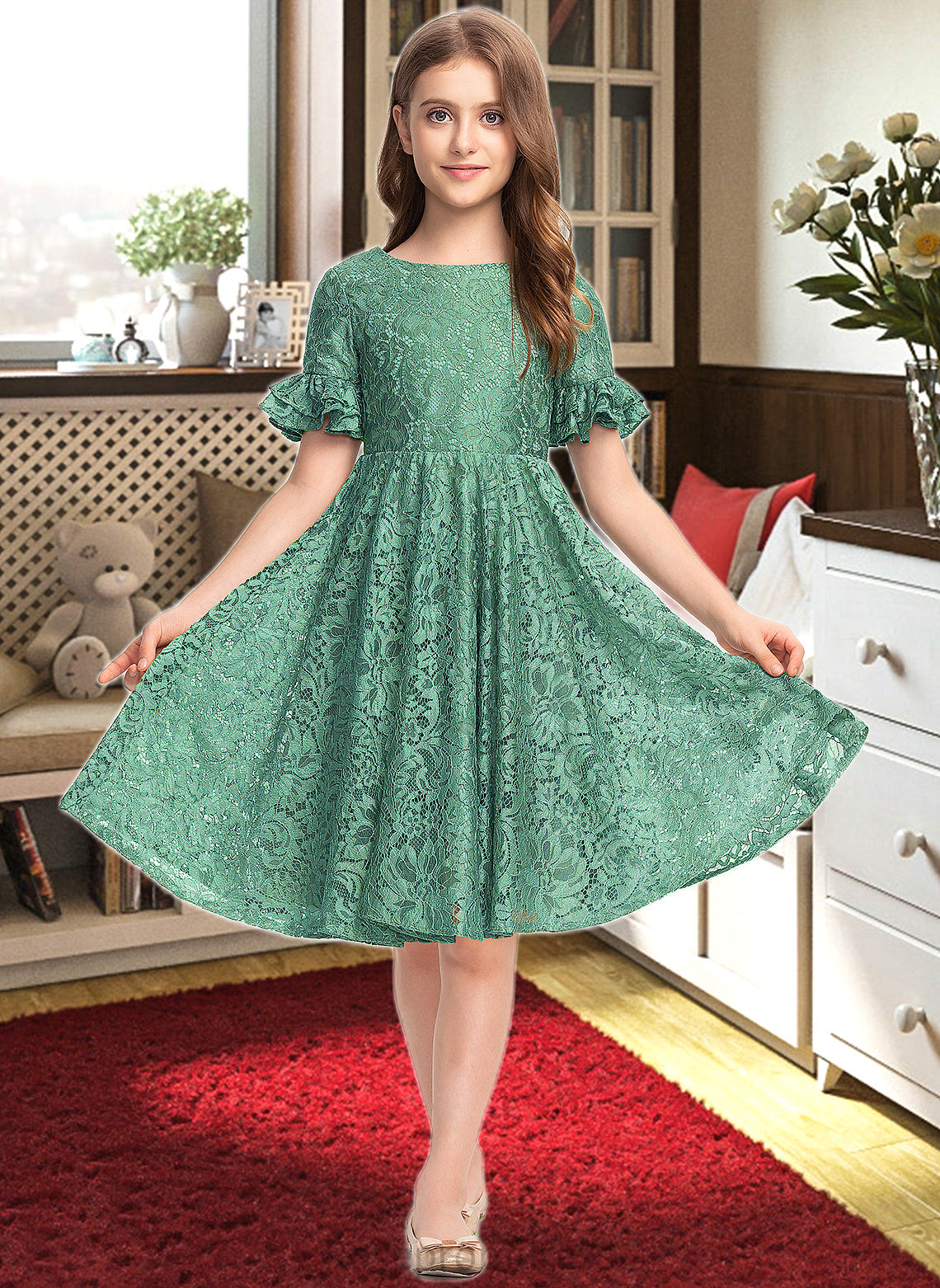Laylah A-Line Scoop Neck Knee-Length Lace Junior Bridesmaid Dress With Cascading Ruffles SRSP0013513