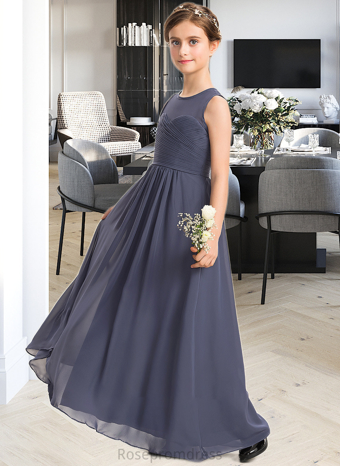 Raquel A-Line Scoop Neck Floor-Length Chiffon Junior Bridesmaid Dress With Ruffle SRSP0013533