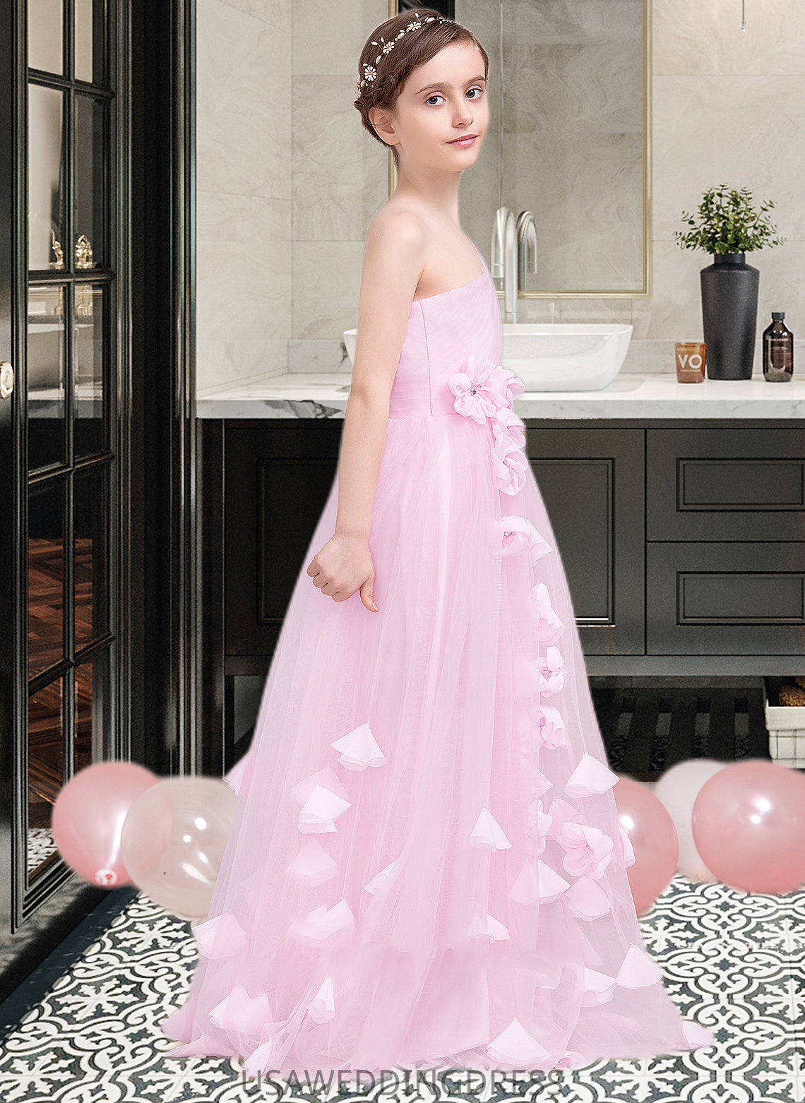 Heaven A-Line One-Shoulder Floor-Length Tulle Junior Bridesmaid Dress With Ruffle Flower(s) DSP0013546