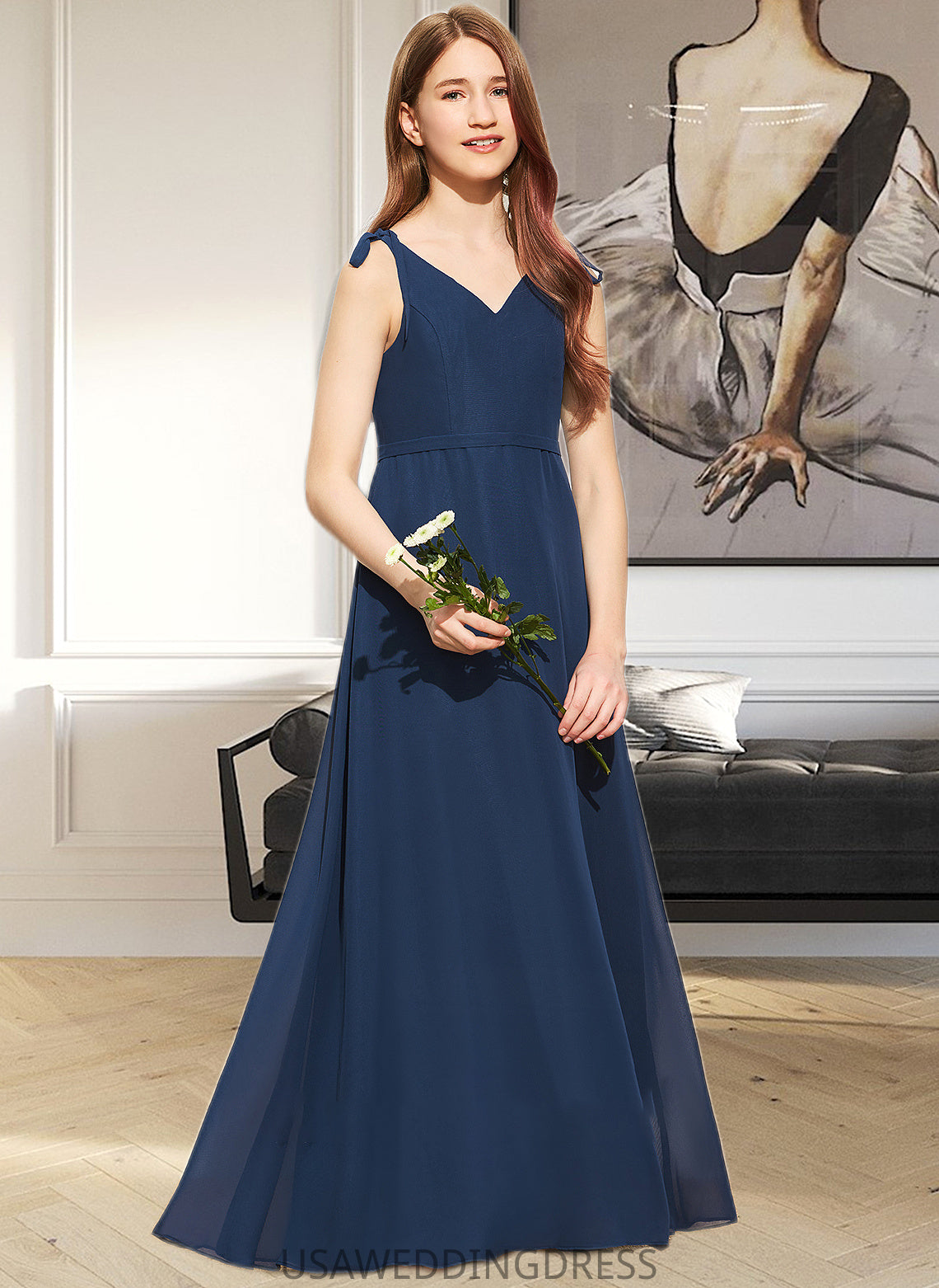 Jamiya A-Line V-neck Floor-Length Chiffon Junior Bridesmaid Dress With Bow(s) DSP0013548